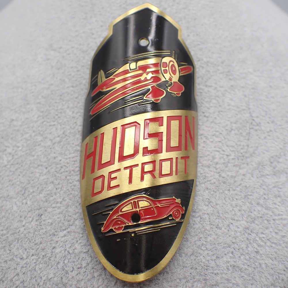 VTG Hudson Detroit Bicycle Head Badge Brass Enamel Art Deco Airplane Car READ
